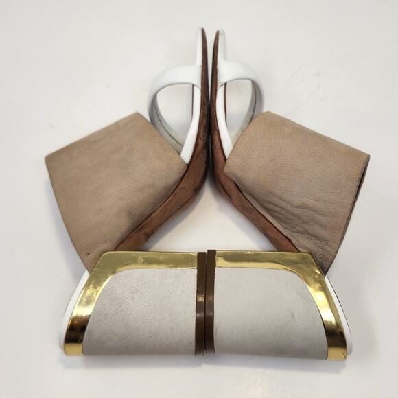Rebecca Minkoff White Brown Metallic Leather Suede Mule Sandals Heels Size 7 M - Picture 10 of 11